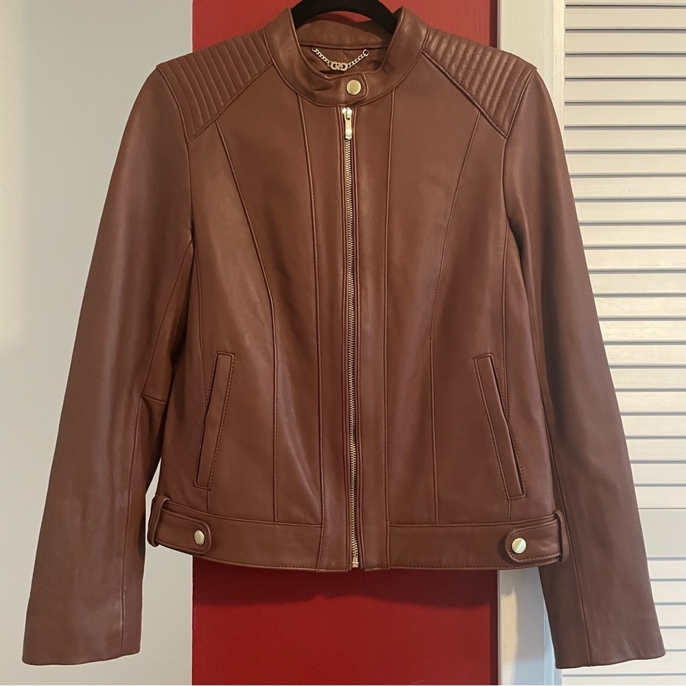 Cole Haan brown lamb leather jacket with gold hardware